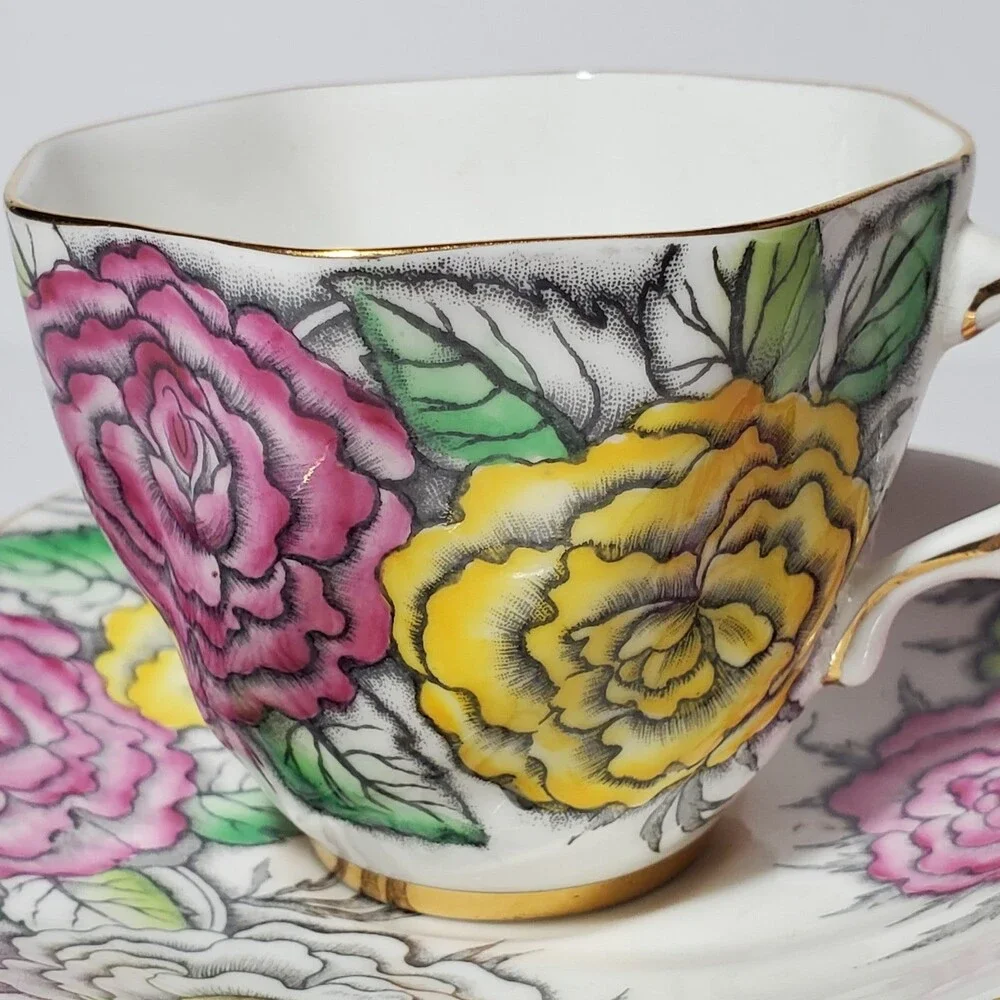 Rosina Teacup and Saucer Floral Pink Yellow White Vintage